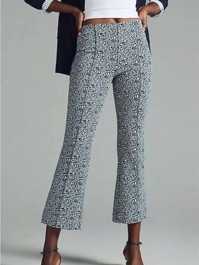 Maeve Anthropologie The Margot Kick Flare Cropped Pants Blue Paisley Jacquard M